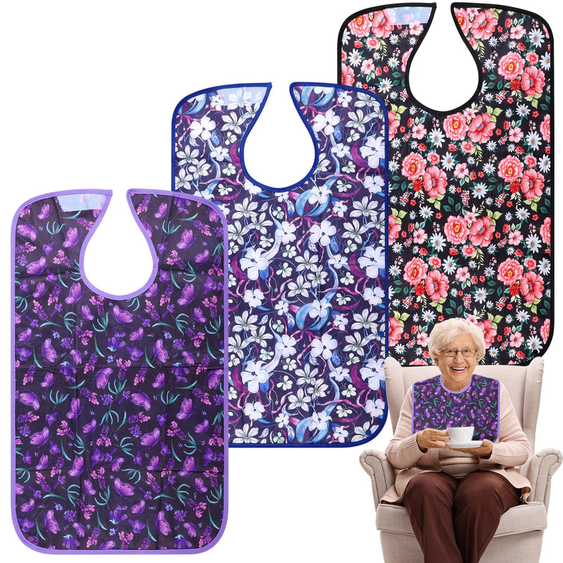 [Australia] - Adult Bibs - 3 Pcs Washable Clothing Protector with Crumb Catcher, Reusable Waterproof Large Feeding Adult Bib Flowers 