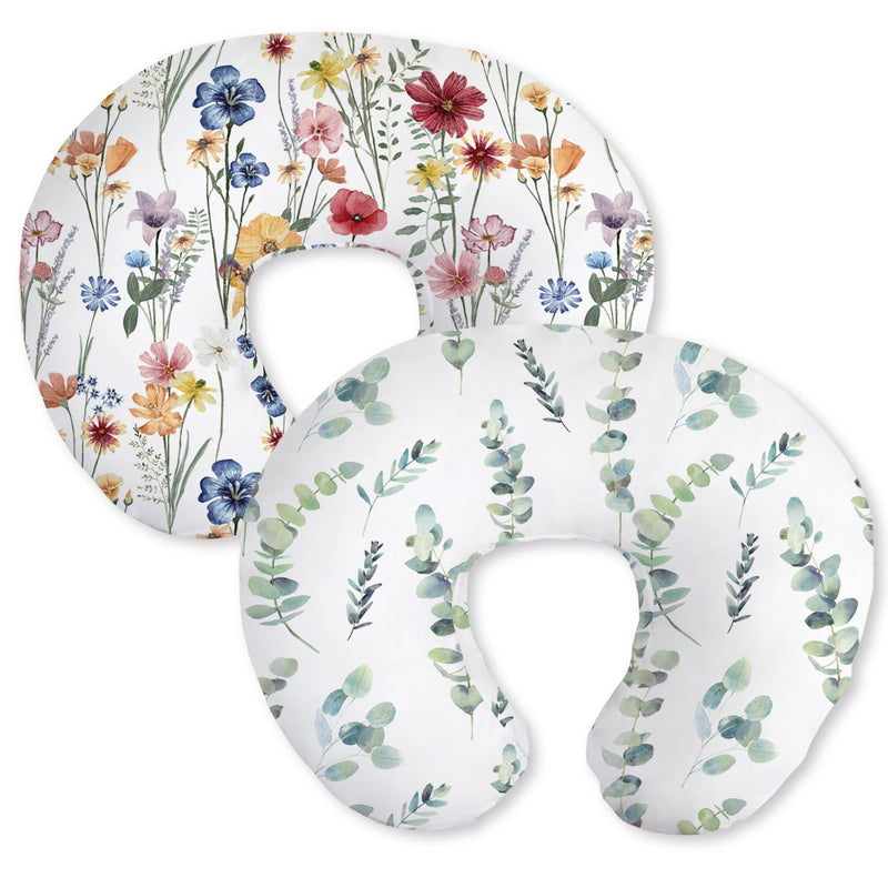 [Australia] - Little Grape Land Nursing Pillow Covers for Baby Girl, Soft Removable Covers Breathable for Breastfeeding Pillows, 2 Pack Nursing Pillow Cases Fit Standard Nursing Pillows, Leaves & Flower Spring Flower & Green Leaves 