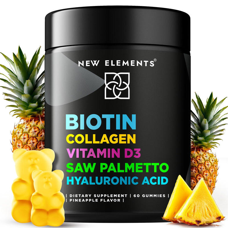 New Elements Biotin Gummies with Collagen Vitamin D3 Saw Palmetto & Hyaluronic Acid for Hair Skin and Nails, Hair Growth Supplement for Men & Women | Non-GMO | Gluten-Free | Natural Pineapple Flavor 60 Count (Pack of 1)