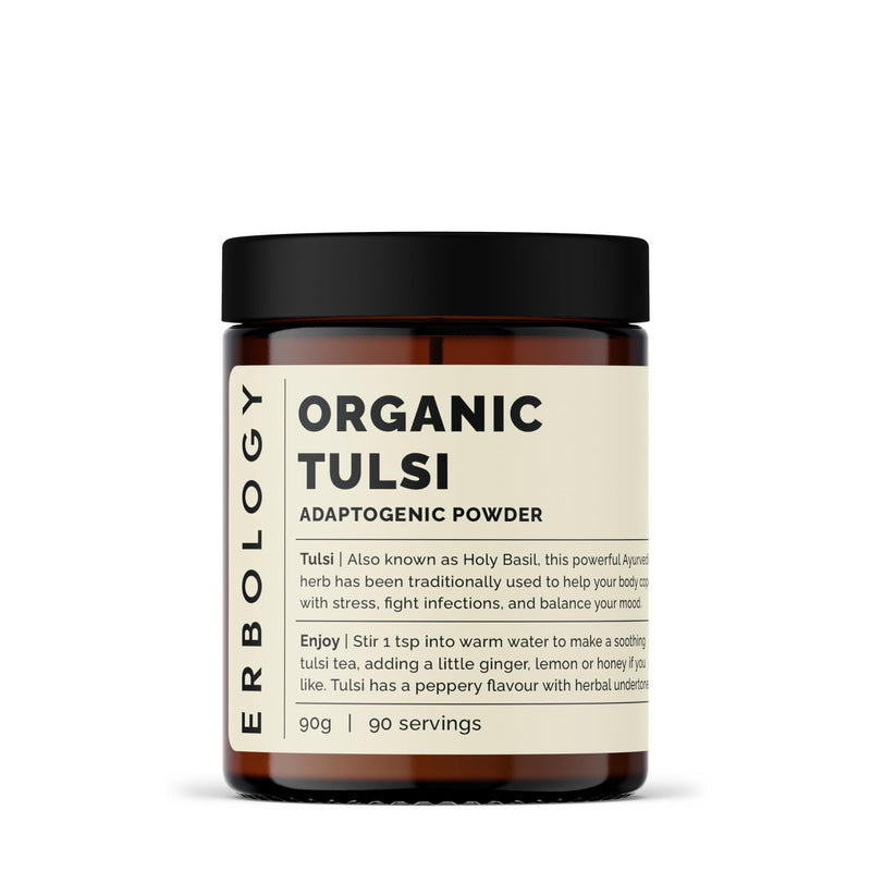 [Australia] - Erbology 100% Organic Tulsi Powder 90g - 90 Servings - Holy Basil - Calm and Mood - Straight from Farm - Raw, Vegan and Gluten-Free - Non-GMO - No Additives or Preservatives - Recyclable Glass Jar 