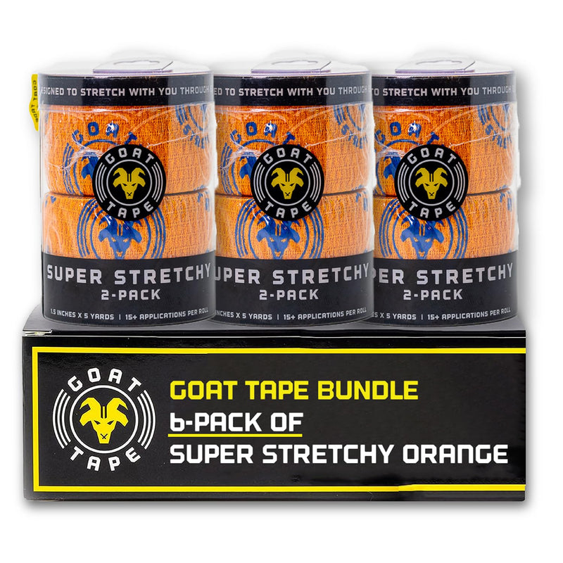 Goat Tape Super Stretchy Thumb Tape - Weightlifting Hook Grip Tape & WOD Tape for Cross Training, Gym Workout Tape, Athletic Finger Wrap - Flexes with Every Move - 15 Feet per Roll (Orange 6-Pack)