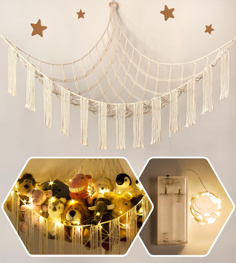 [Australia] - Stuffed Animal Hammock Corner with LED Light - Toy Storage Hammock Plushie Net Large - Cute Stuff Animals Holder Hanging Organizer - Baby Room Decor Kids Toddler Nursery Bedroom Boho Beige Large(43"*43"*56") 