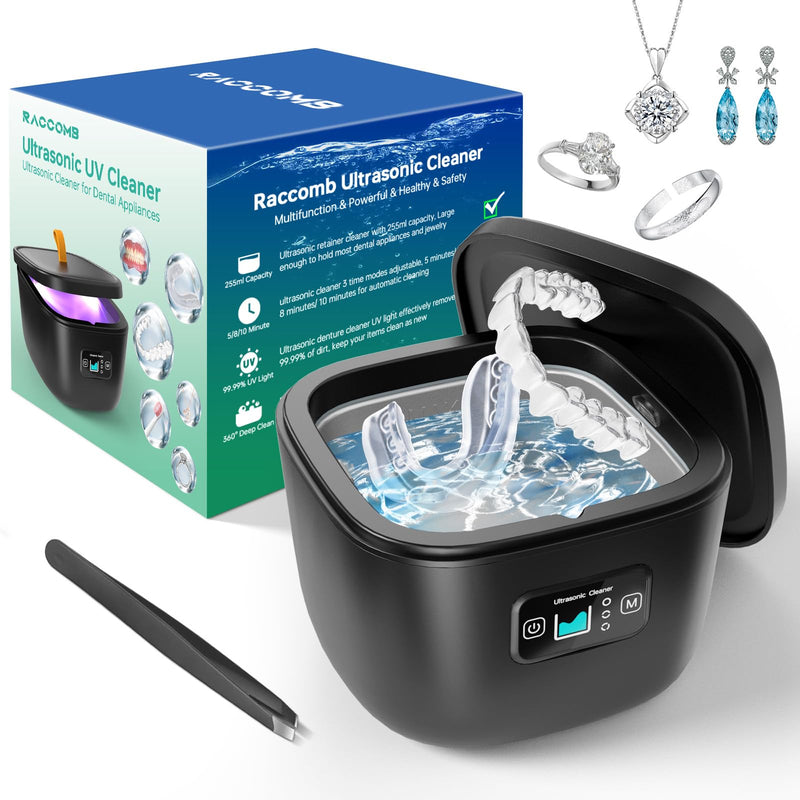 [Australia] - Ultrasonic Retainer Cleaner for Denture Mouth Guard Aligner - Raccomb Ultrasonic Cleaner 45kHz 255ML 3 Mode Adjustable Ultrasonic Jewelry Cleaner 