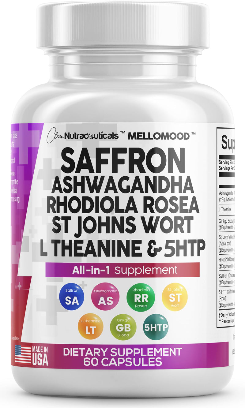 [Australia] - Clean Saffron Supplements with Ashwagandha 8000mg - Mood Support with L-Theanine 200mg, Ginkgo Biloba 6000mg, St. John's Wort 6000mg, Rhodiola Rosea 3000mg & 5-HTP 500mg - Saffron Pills Capsules USA 