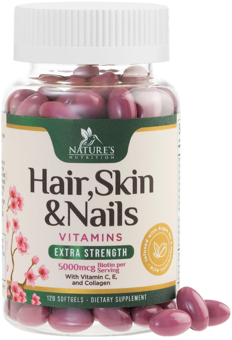 Hair Skin and Nails Vitamins for Hair Growth - Biotin 5000mcg Per Serving - Extra Strength Collagen, Argan Oil & Hyaluronic Acid - Best Beauty Supplement for Women & Men - USA Bottled - 120 Softgels 120 Count (Pack of 1)