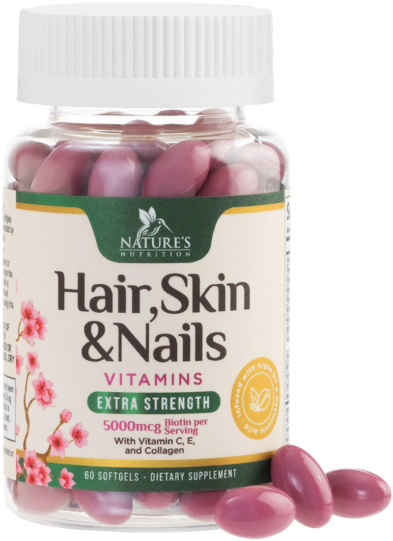 Hair Skin and Nails Vitamins for Hair Growth - Biotin 5000mcg Per Serving - Extra Strength Collagen, Argan Oil & Hyaluronic Acid - Best Beauty Supplement for Women & Men - USA Bottled - 60 Softgels 60 Count (Pack of 1)