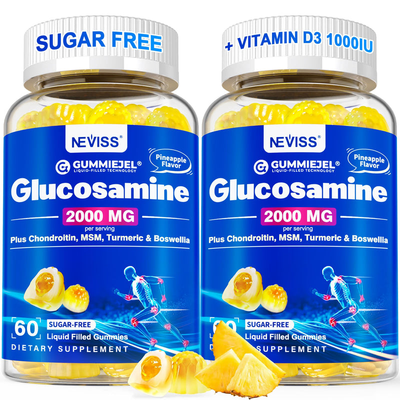 NEVISS Glucosamine Chondroitin Gummies with MSM & Turmeric, Sugar Free | Extra Strength Glucosamine Supplement with Boswellia, Hyaluronic Acid, Vitamin D3 & Zinc, Pineapple Flavor, 120Cts 60 Count (Pack of 2)