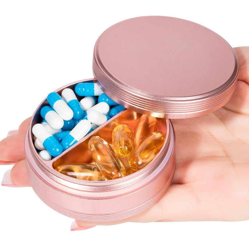 Small Pill Case 2 Compartment - Heavy Duty Metal Pill Box Portable | Travel Pill Container for Pocket or Purse, Waterproof Pill Organizer for Medicine Vitamin Fish Oil and Supplements Pink