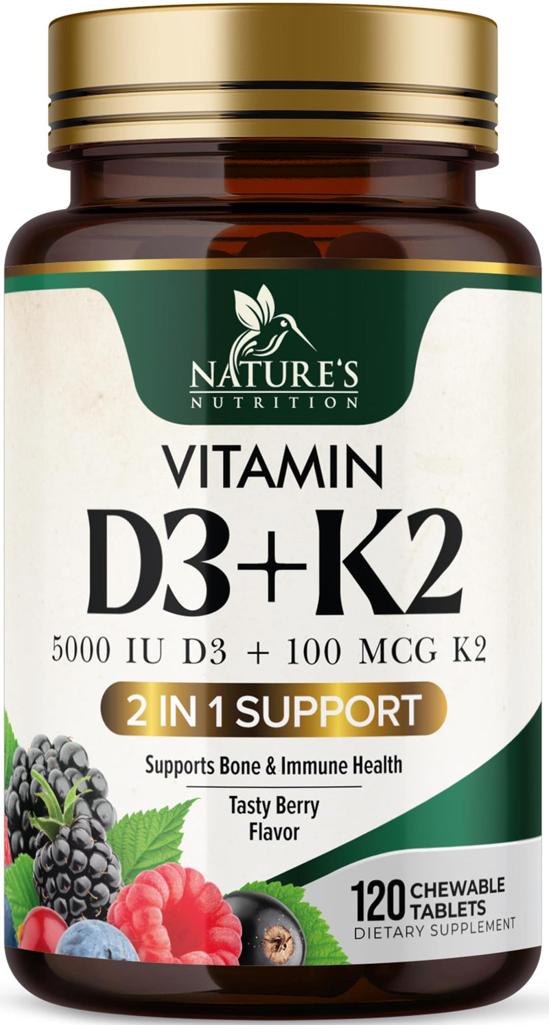 Vitamin D3 K2 Supplement | 5000 IU D3 + K2 100 mcg | MK-7 K2 with Vitamin D | Supports Immune, Heart, Teeth & Bone Health - Nature's Easy to Chew, VIT D3 K2, Non-GMO, Tasty Berry Flavor - 120 Tablets 120 Count (Pack of 1)