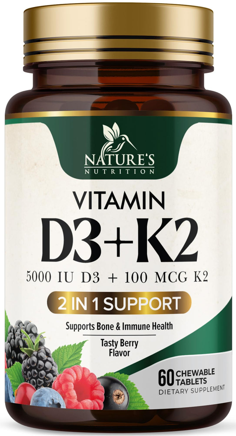 Vitamin D3 K2 Supplement | 5000 IU D3 + K2 100 mcg | MK-7 K2 with Vitamin D | Supports Immune, Heart, Teeth & Bone Health - Nature's Easy to Chew, VIT D3 K2, Non-GMO, Tasty Berry Flavor - 60 Tablets 60 Count (Pack of 1)