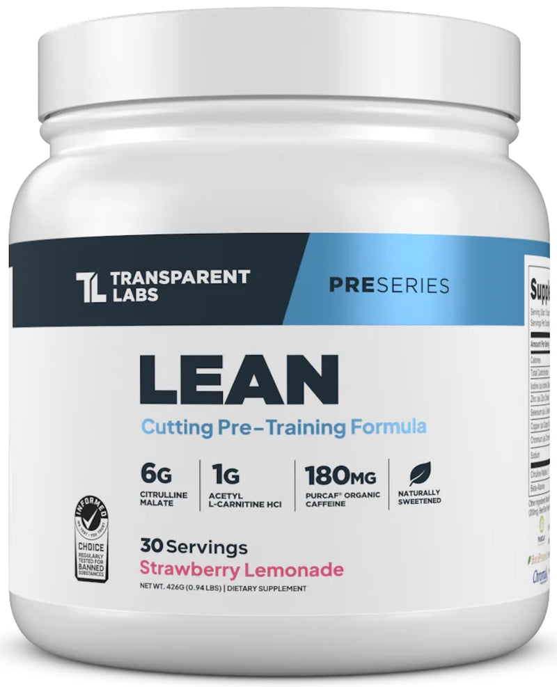 [Australia] - Transparent Labs Lean Pre-Workout - Body Recomposition Pre Workout for Men and Women with Acetyl L-Carnitine, Beta Alanine Powder, & PurCaf Organic Caffeine Powder - 30 Servings, Strawberry Lemonade 