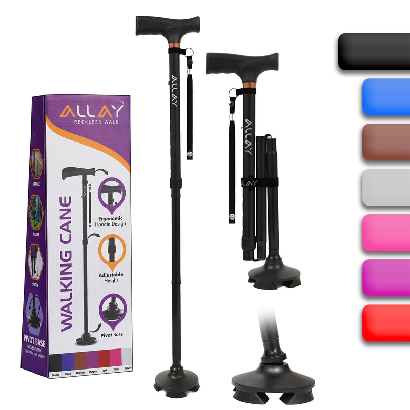 [Australia] - Allay Walking Cane for Men & Women - Foldable, Adjustable, Collapsible Walking Canes for Seniors Balance, Free Standing, Pivot Tip, Heavy Duty, with Travel Bag | Walking Sticks for Seniors & Adults Black 