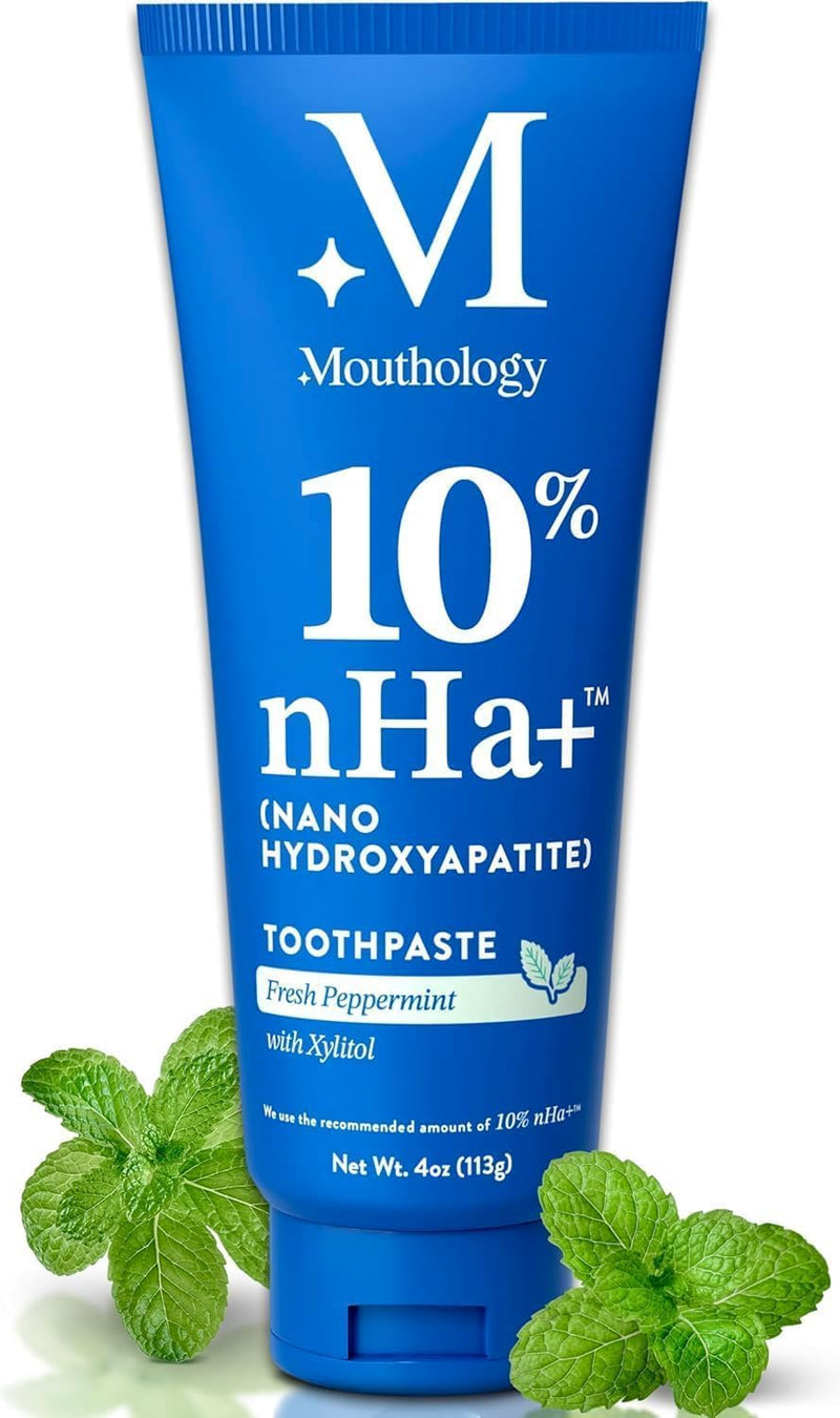Mouthology 10% Nano Hydroxyapatite Toothpaste (Fluoride Free), Whitening*, Supports Enamel Care*, Appropriate for Sensitive Teeth*, SLS Free, Xylitol nHA Toothpaste for Adults, Mint 4oz (USA Made) 4 Ounce (Pack of 1)