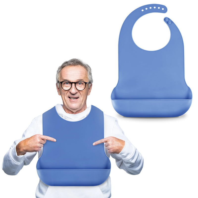 [Australia] - Adjustable Silicone Adult Bib, Washable Bib for Men & Women, Waterproof Bib for Elderly with Crumb Catcher Blue 