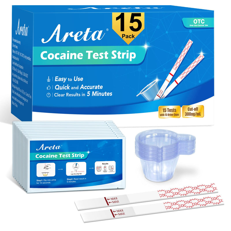 [Australia] - Areta Cocaine Test Strip: Cocaine Drug Test Single Panel Urine Screen Kits, 15 Pack Instant Accurate Home Cocaine Tests Coke Dipstick with Cups, 300 ng/mL Cutoff -ASCOC-114 15 Count 
