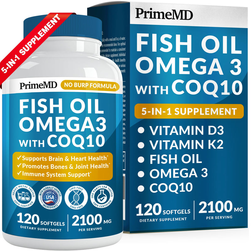 [Australia] - 5-in-1 Fish Oil Omega 3 Supplements with Vitamins D3 & K2 and CoQ10 - DHA EPA Omega 3 Fish Oil Supplements - Lemon Flavored Omega 3 Fatty Acid Supplements with 2100mg Per Serving (120ct) 