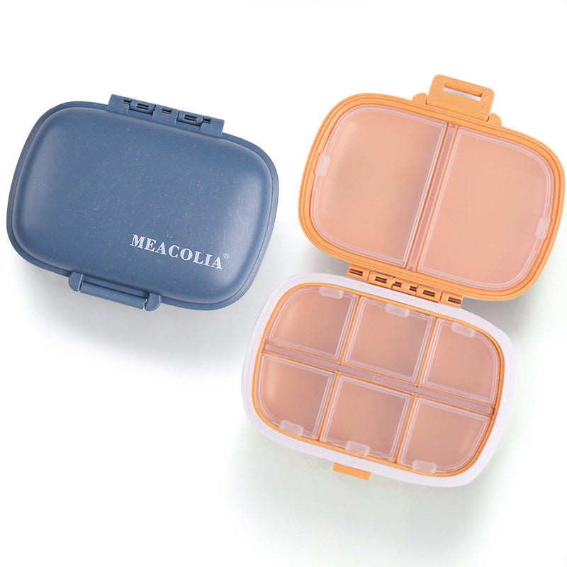 8 Compartments Travel Pill Organizer Box Moisture Proof Small Pill Case for Pocket Purse Daily Pill Holder Container for Medicine Vitamin (Dark Blue & Yellow, 2 Pack) Dark Blue & Yellow 2 PCS
