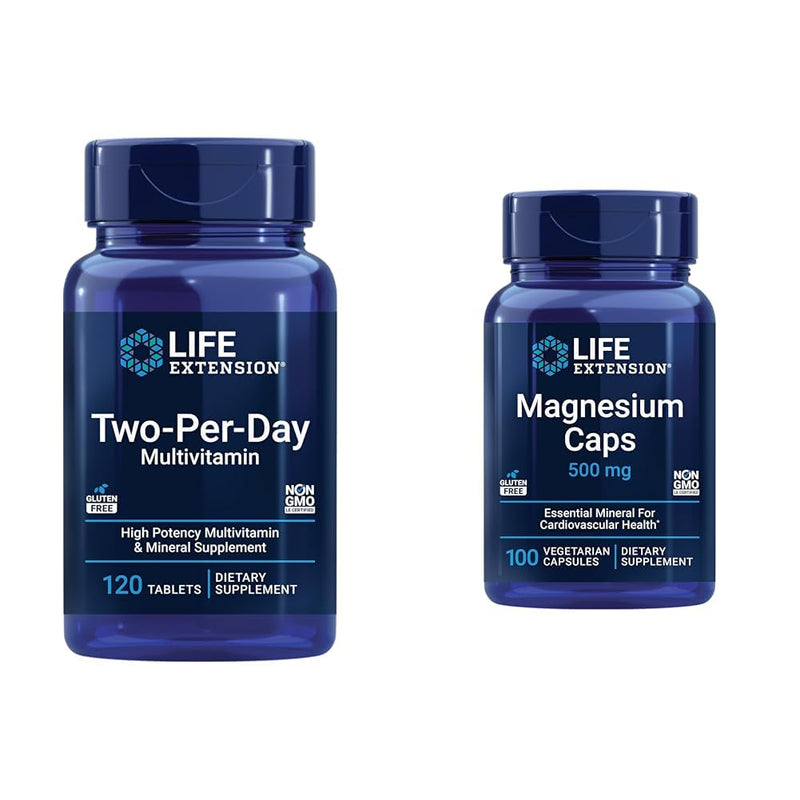 Life Extension Two-Per-Day High Potency Multi-Vitamin & Mineral Supplement & Magnesium Caps, 500 mg, Magnesium Oxide, Citrate, Succinate Unflavored (Multivitamin + Magnesium Caps) 120 Count-Tablet