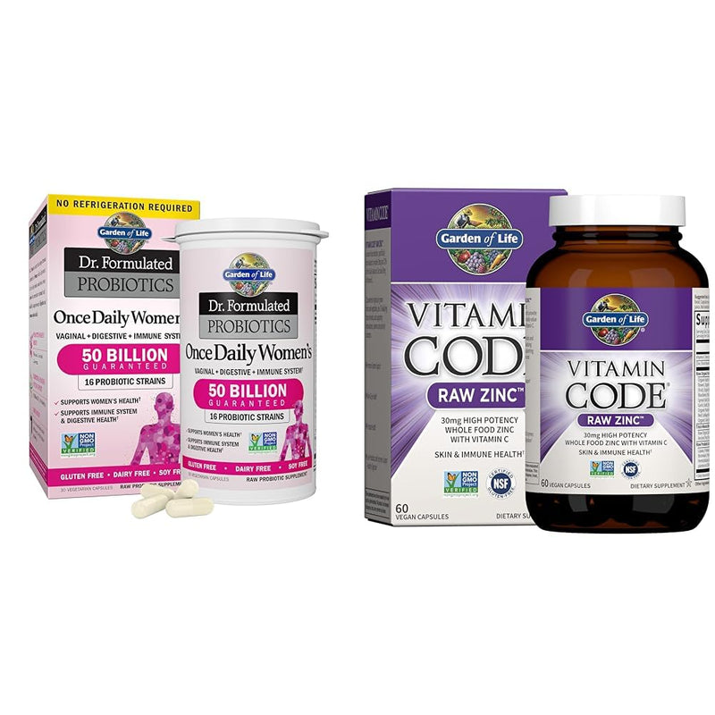 Garden of Life & Zinc Supplements 30mg High Potency Raw Zinc and Vitamin C Multimineral Supplement, Vitamin Code/Trace Minerals & Probiotics for Skin Health & Immune Support, 60 Vegan Capsules Probiotics + Zinc Supplements 30mg