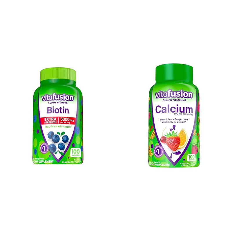vitafusion Extra Strength Biotin Gummy Vitamins & Chewable Calcium Gummy Vitamins for Bone and Teeth Support, Fruit and Cream Flavored, America’s Number 1 Gummy Vitamin Brand, 50 Day Supply, 100 Count