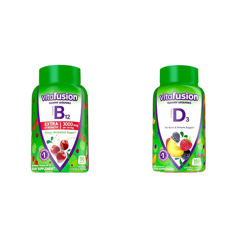 Vitafusion Extra Strength Vitamin B12 Gummy Vitamins for Energy Metabolism Support and Nervous System Health Support & Vitamin D3 Gummy Vitamins for Bone and Immune System Support
