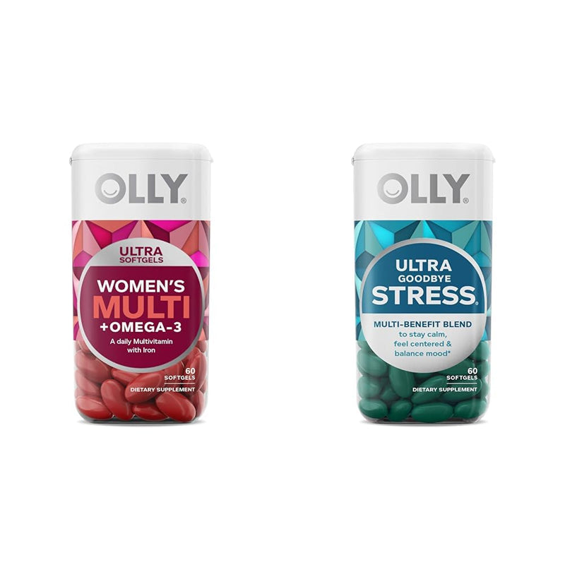 OLLY Ultra Women's Multi Softgels & Ultra Strength Goodbye Stress Softgels, GABA, Ashwagandha, L-Theanine and Lemon Balm, Stress Relief Supplement - 60 Count