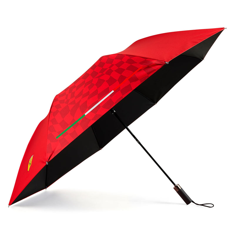 Fuel For Fans Scuderia Ferrari Compact Umbrella Red - Size Open: 41 Inches | Carry strap, Scudetto shield logos, Italian flag stripes, Tonal chequered flag print
