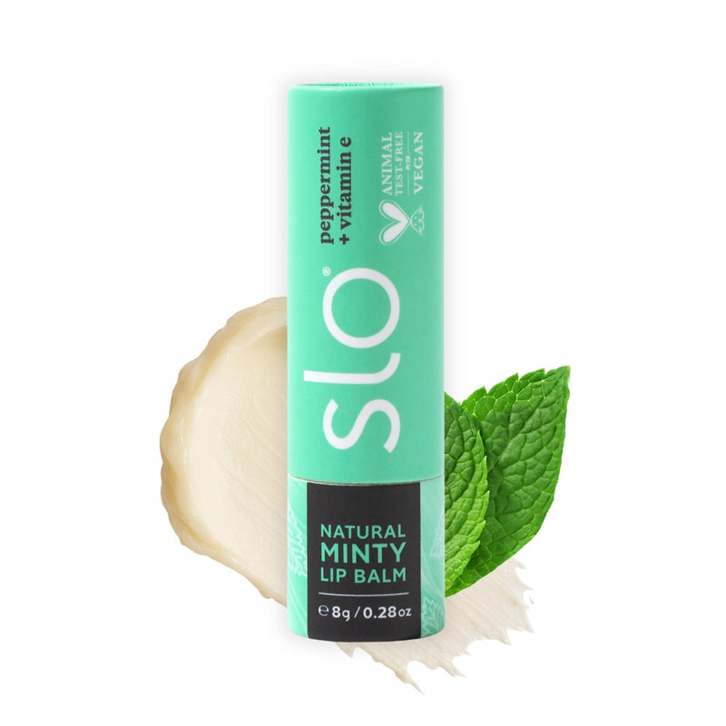 Slo Hydrating Lip Balm - All Natural Ingredients, Minty Lip Balm with Organic Jojoba, Rosehip, Cocoa Butter - Vegan, Cruelty-Free, Paper Packaging - Peppermint + Vitamin E (0.28oz/8g) 1 Pack (0.28oz/8g)