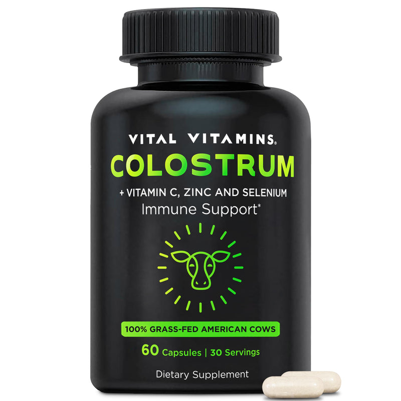 Vital Vitamins Colostrum Supplement, 30% IgG, Grass-Fed Bovine, 60 Capsules | Supports Immune Defense & Gut Health, Colostrum with Vitamin C, Zinc, & Selenium, Non-GMO 60 Count (Pack of 1)