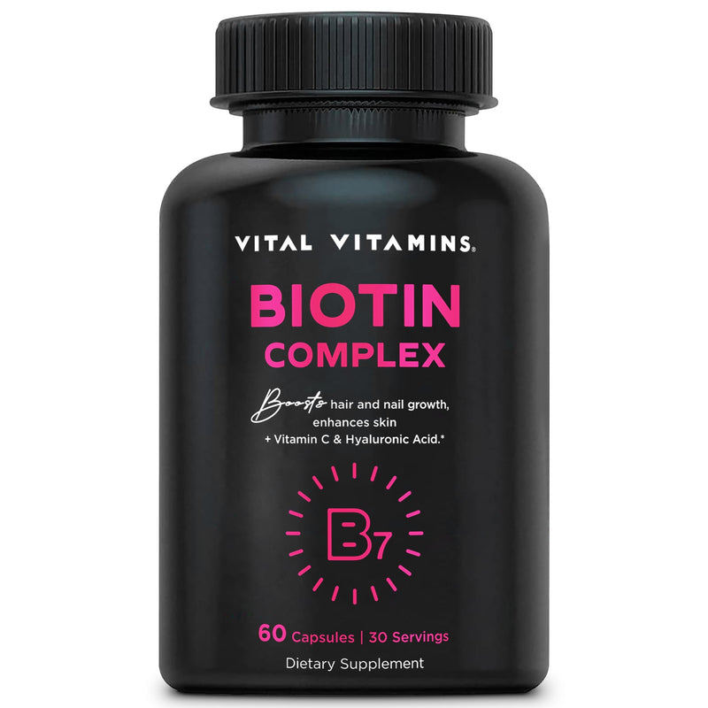 Vital Vitamins Biotin Complex with Collagen & Hyaluronic Acid | 5,000mcg Biotin, MSM & Vitamin C for Hair, Skin & Nails, Non-GMO, For Women & Men, 60 Capsules check 60 Count (Pack of 1)