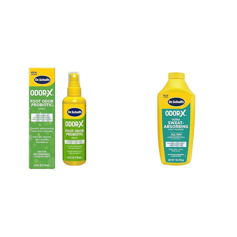 Dr. Scholl's ODOR-X FOOT ODOR PROBIOTIC SPRAY, 4 oz // Immediately Eliminates The Worst Odors & ULTRA-SWEAT ABSORBING FOOT POWDER, 7 oz // Maximum Sweat Absorption