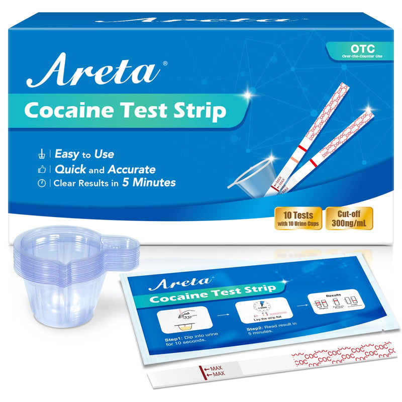 Areta Cocaine Test Strip: Highly Sensitive Cocaine Drug Test Strips, 10 Pack Cocaine Home Screen Testing Kit, 300 ng/mL Cutoff, Instant Results in 5 Min -#ASCOC-114 | Instant Precise Home Cocaine Tests Coke Dipstick with Cups, 300 ng/mL Cutoff Instant ...