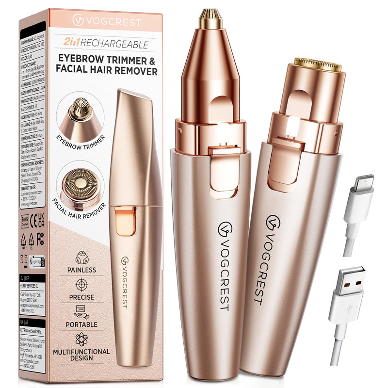 [Australia] - Eyebrow & Facial Trimmer: 2 in1 Rechargeable Facial Hair Removal & Eyebrow Shaver - Body Razor with Built-in LED Light (Rose Gold) Rose Gold 