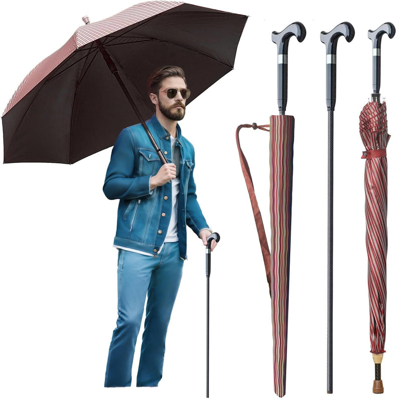 Walking Cane Umbrella for Taller, Heavy Duty Stick Umbrella with Longer Carbon Fiber Cane, Large Walking Stick Umbrella Crutch Umbrella - Ideal Gift for Night Hiking Rainy (Red Stripe Extra Long)