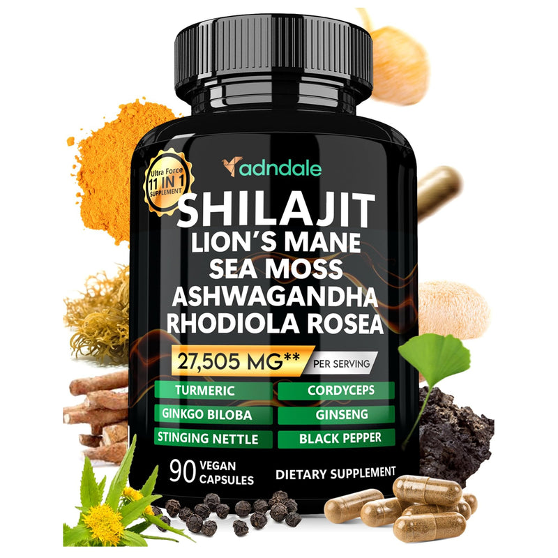 [Australia] - Shilajit Pure Himalayan Organic. 11-in-1 Shilajit for Men. Shilajit Capsules with Sea Moss Himalayan Shilajit Ashwagandha Rhodiola Rosea Panax Ginseng Turmeric Lion’s Mane Ginkgo. 27’505 mg/Serving 