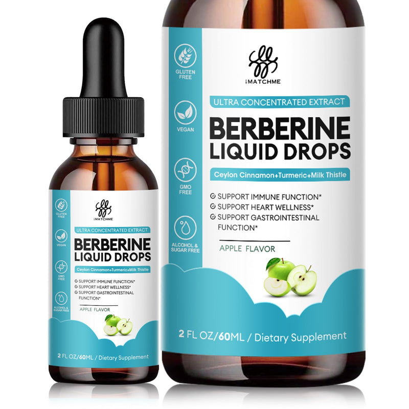 [Australia] - Berberine HCL 1200mg, 6-in-1 Berberine Complex Liquid drop for Cardiovascular Care & Body Management, Berberine with Ceylon Cinnamon, Antioxidant & Heart Health Support, Apple Flavor, 2 Fl Oz 