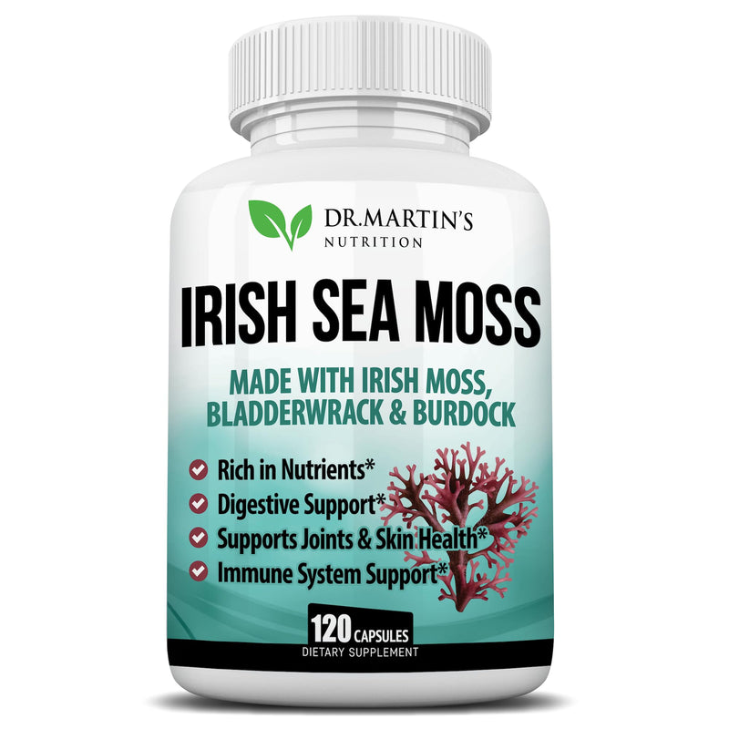 Irish Sea Moss Capsules 120 Count - Bladderwrack & Burdock Root | Dr Martins Sea Moss Supplement 2625mg, 92 Vitamins & Minerals, Immune, Gut, Thyroid & Energy Support Superfood