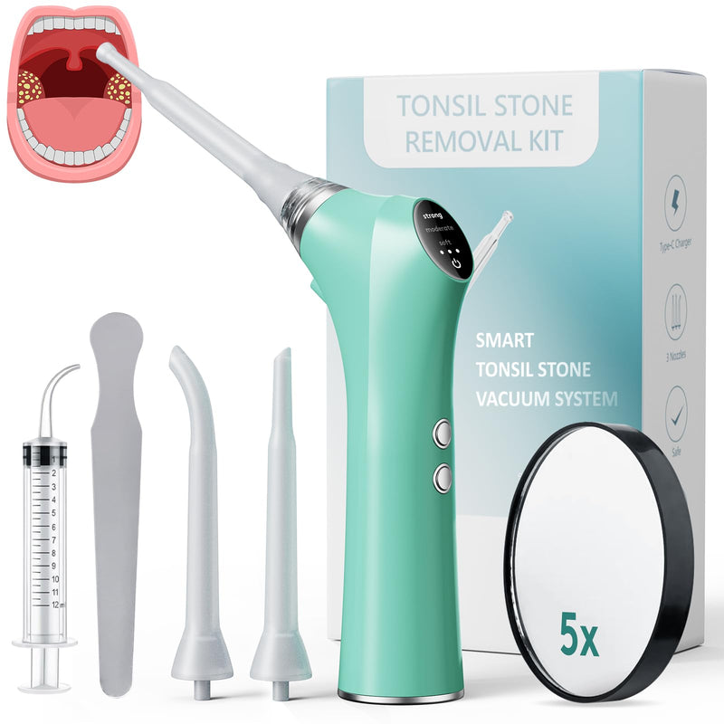 [Australia] - Electronic Vacuum Tonsil Stone Remover - Tonsil Stone Removal Kit with Built-in LED Light & 3 Suction Mode - Fight Bad Breath Oral Irrigator & 5X Magnifying Mirror for Tonsil Stone Removal - Green 