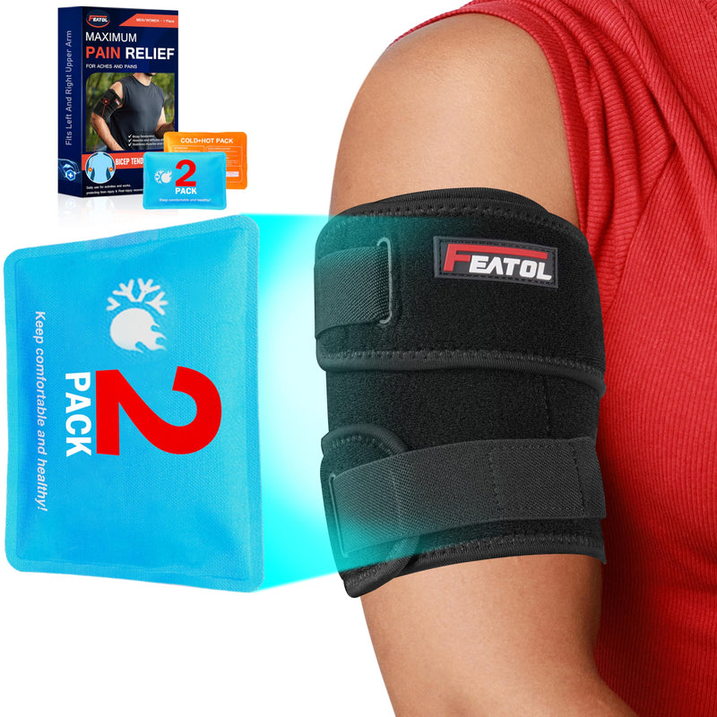 [Australia] - FEATOL Bicep Tendonitis Brace with 2 Gel Ice Packs, Upper Arm Brace Tricep Compression Sleeve Support Hot & Cold Therapy for Men and Women, Pain Relief for Muscle Strains,Inflammation (Black with 2 ice packs, Large) Black with 2 ice packs 