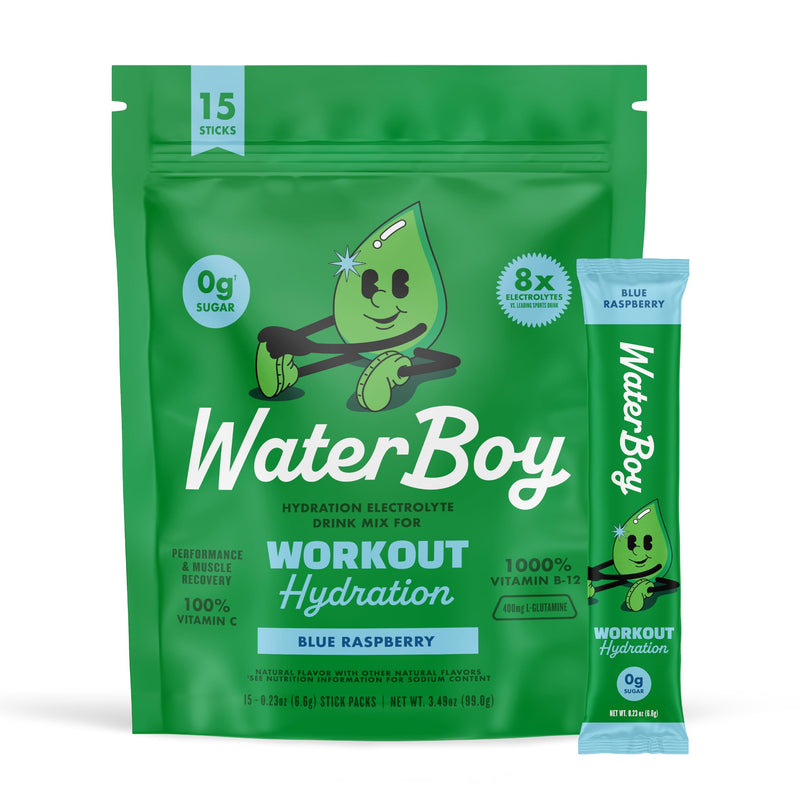 [Australia] - Waterboy Workout Hydration | 2,960mg Sugar Free Electrolyte Powder Packets | L-Glutamine + Vitamins | No Sugar, All Natural, Gluten Free | 15 Drink Stick Mixes (Blue Raspberry) Blue Raspberry (15ct) 