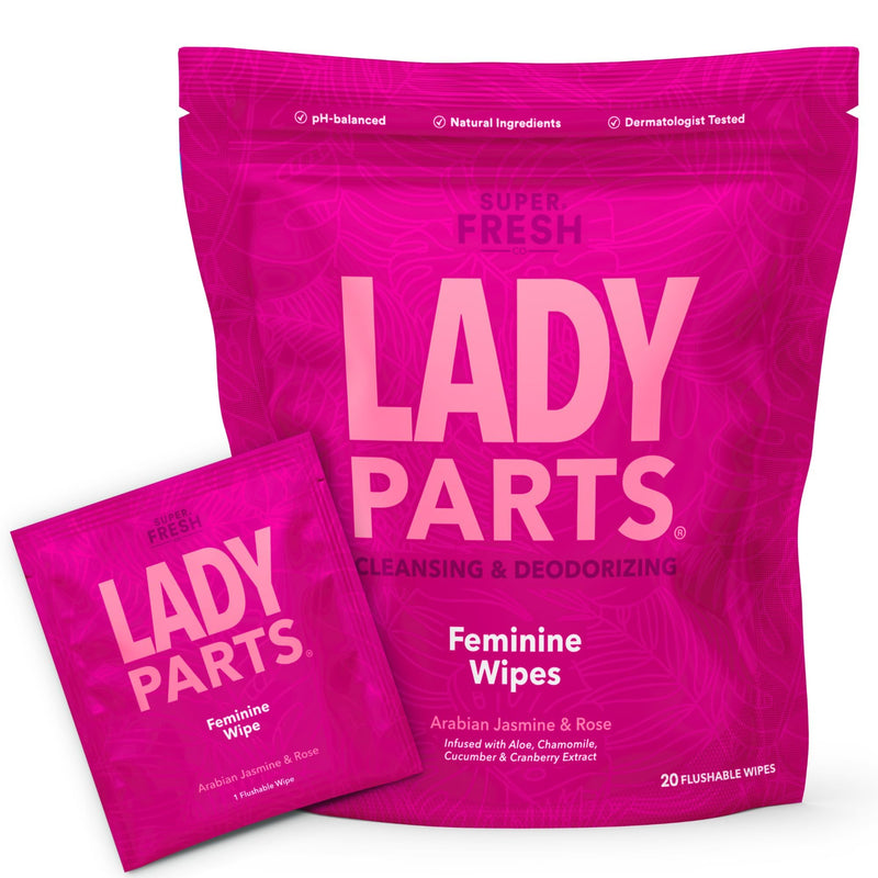 [Australia] - Lady Parts Feminine Wipes - Flushable Wet Wipe for Women - pH Optimized for Privates, Body, Booty, & Face - Good for Travel & Intimate Areas - Stay Fresh & Clean - 20 Wipes 