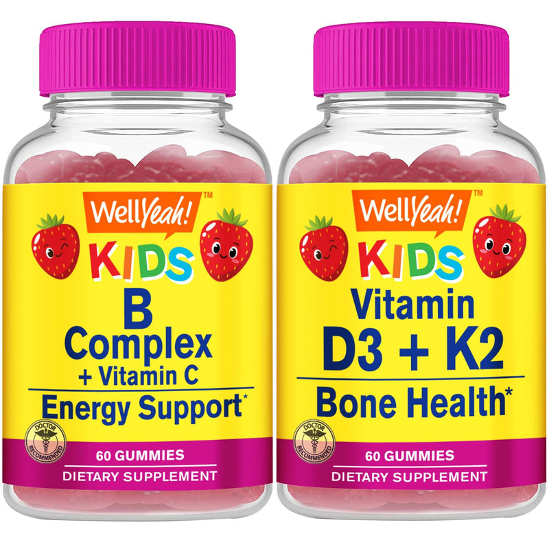 WellYeah B Complex Kids + Vitamin D3+K2 Kids, Gummies Bundle - Great Tasting, Vitamin Supplement, Gluten Free, GMO Free, Chewable Gummy