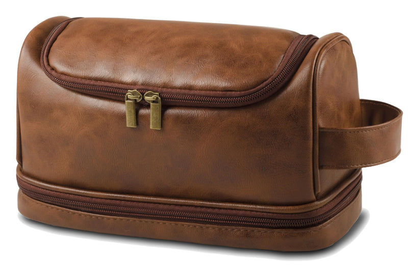 Toiletry Bag for Men Leather Travel Organizer Shaving Dopp Kit with hanging hook, Large Water-resistant Toiletries Bathroom Shaving Bags for Women redbrown