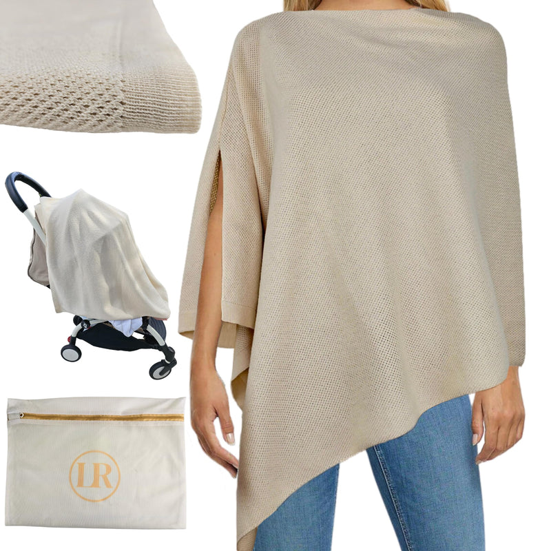[Australia] - Peekaboo Knit Breathable Nursing Cover Up For Breastfeeding - Soft Organic Cotton & Cashmere Breast Feeding Covers For Women - Privacy Feature - Includes Mesh Laundry Bag (Beige) Beige 