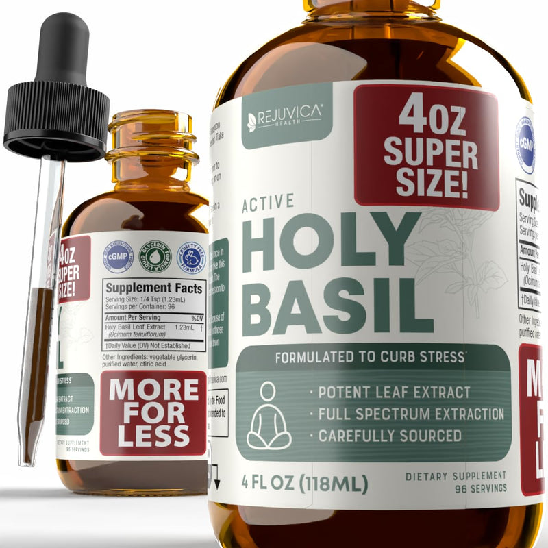 [Australia] - Rejuvica Health Active Holy Basil 4oz XL Super Size - Advanced Stress Support Supplement Drops - Holy Basil Leaves Liquid Extract - Vegan Sugar Free Non GMO Tincture 4 Fl Oz (Pack of 1) 