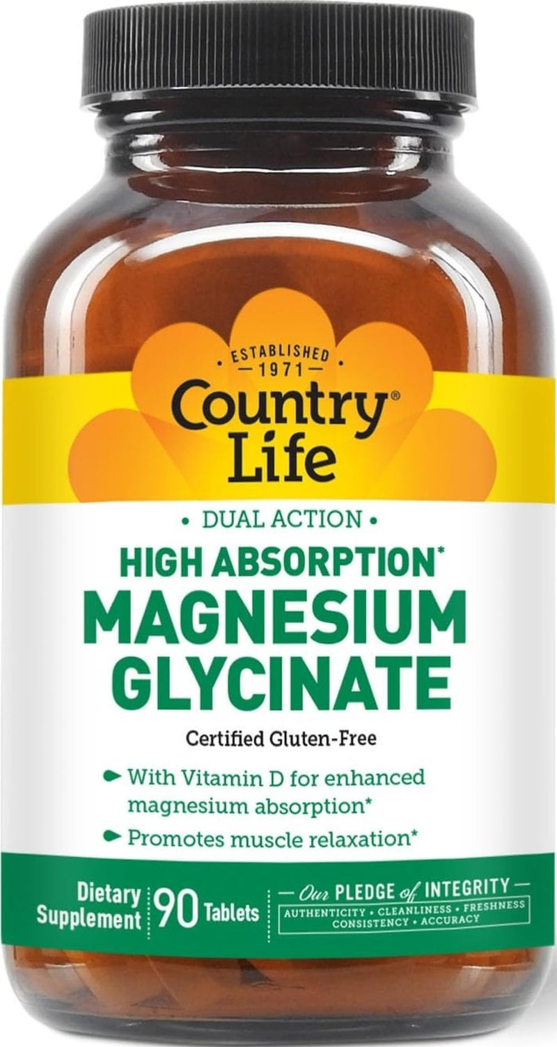 Country Life Magnesium Glycinate 350 mg with Vitamin D3, 90 Tablets | 350 mg magnesium bisglycinate plus 1,000 IU vitamin D3 per serving for enhanced magnesium absorption and muscle relaxation