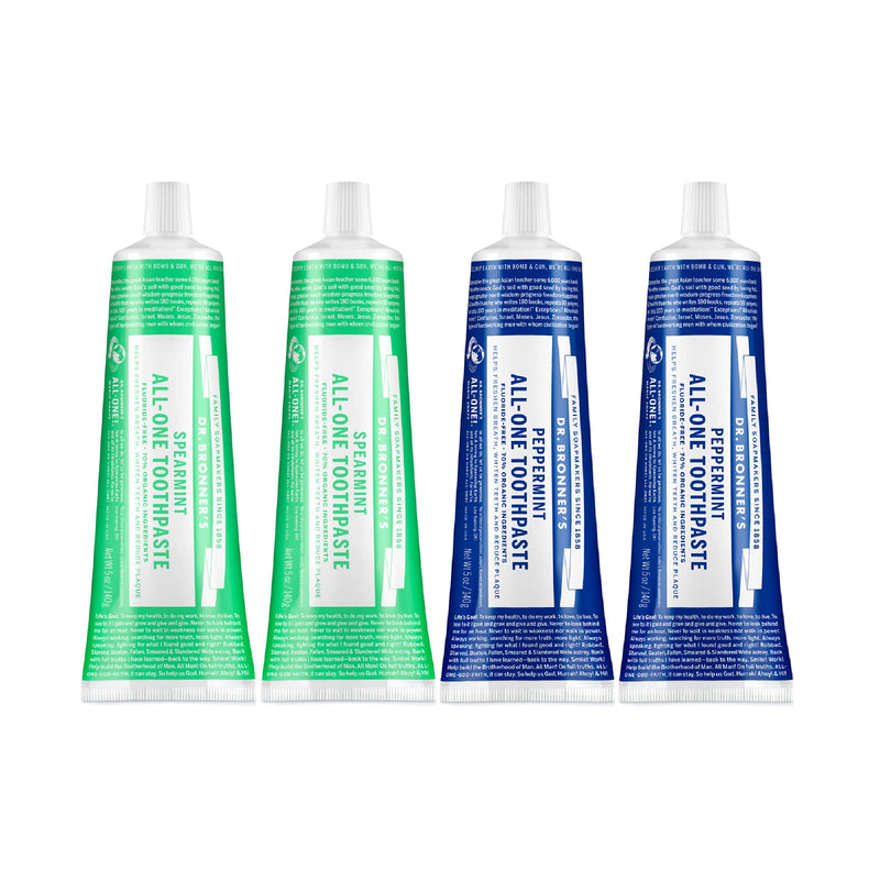 [Australia] - Dr. Bronner’s - All-One Toothpaste Variety Pack - Peppermint & Spearmint, 70% Organic Ingredients, Fluoride-Free, Helps Freshen Breath, Vegan (5oz, 4-Pack) 5 Ounce (Pack of 4) 