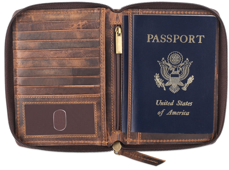 Passport Wallet - Travel Document Holder w/RFID Blocking – Full Grain Leather – Bifold compact zip around Wallet with Credit Card Slots for Women and Men,distressed brown,500-30 distressed brown Solid