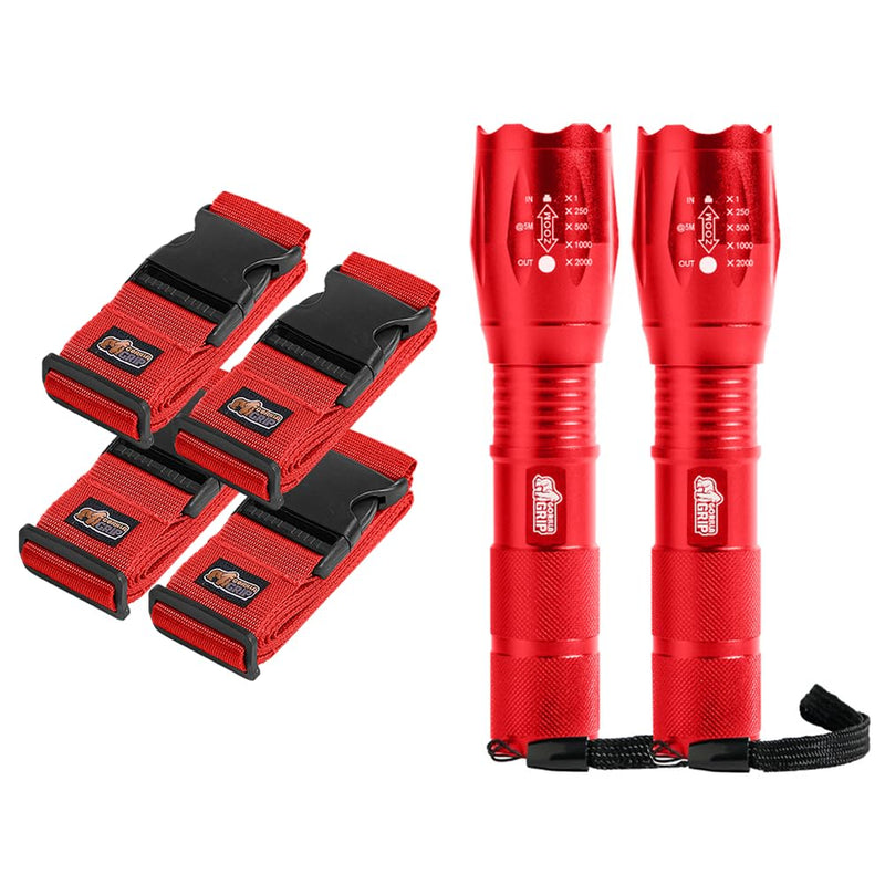 GORILLA GRIP Luggage Straps and Tactical Flashlights, Luggage Straps Tightening Belts 4 Pack, Tactical Flashlight Adjustable Mode 2 Pack, Both in Red, 2 Item Bundle