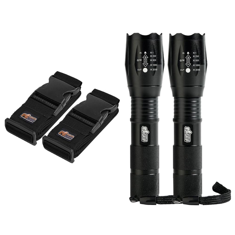 Gorilla Grip Luggage Straps and Tactical Flashlights, Luggage Straps Tightening Belts 2 Pack, Tactical Flashlight Adjustable Mode 2 Pack, Both in Black, 2 Item Bundle